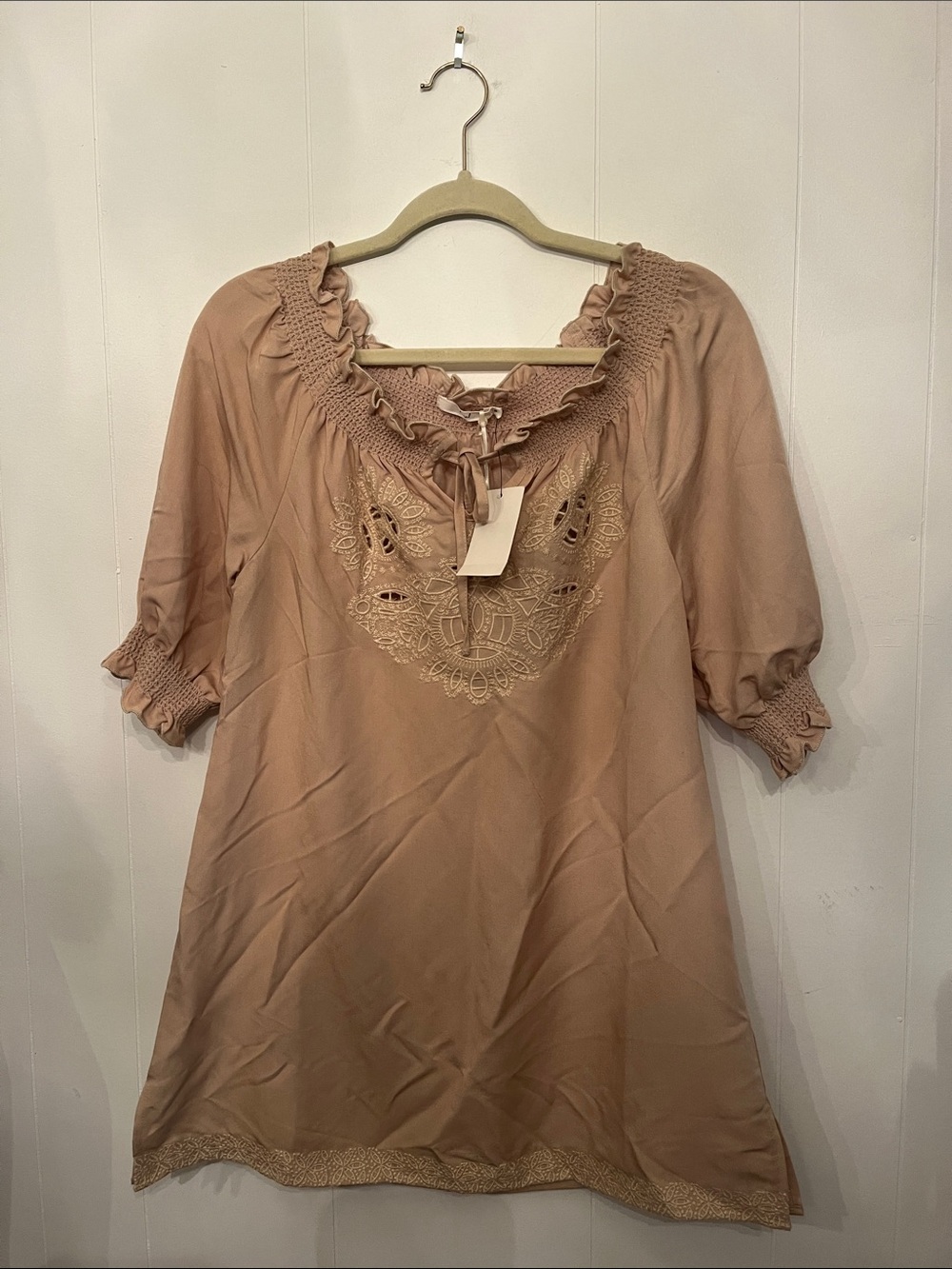hazel Dusty Rose Embroidered Ruffle Neck Tunic